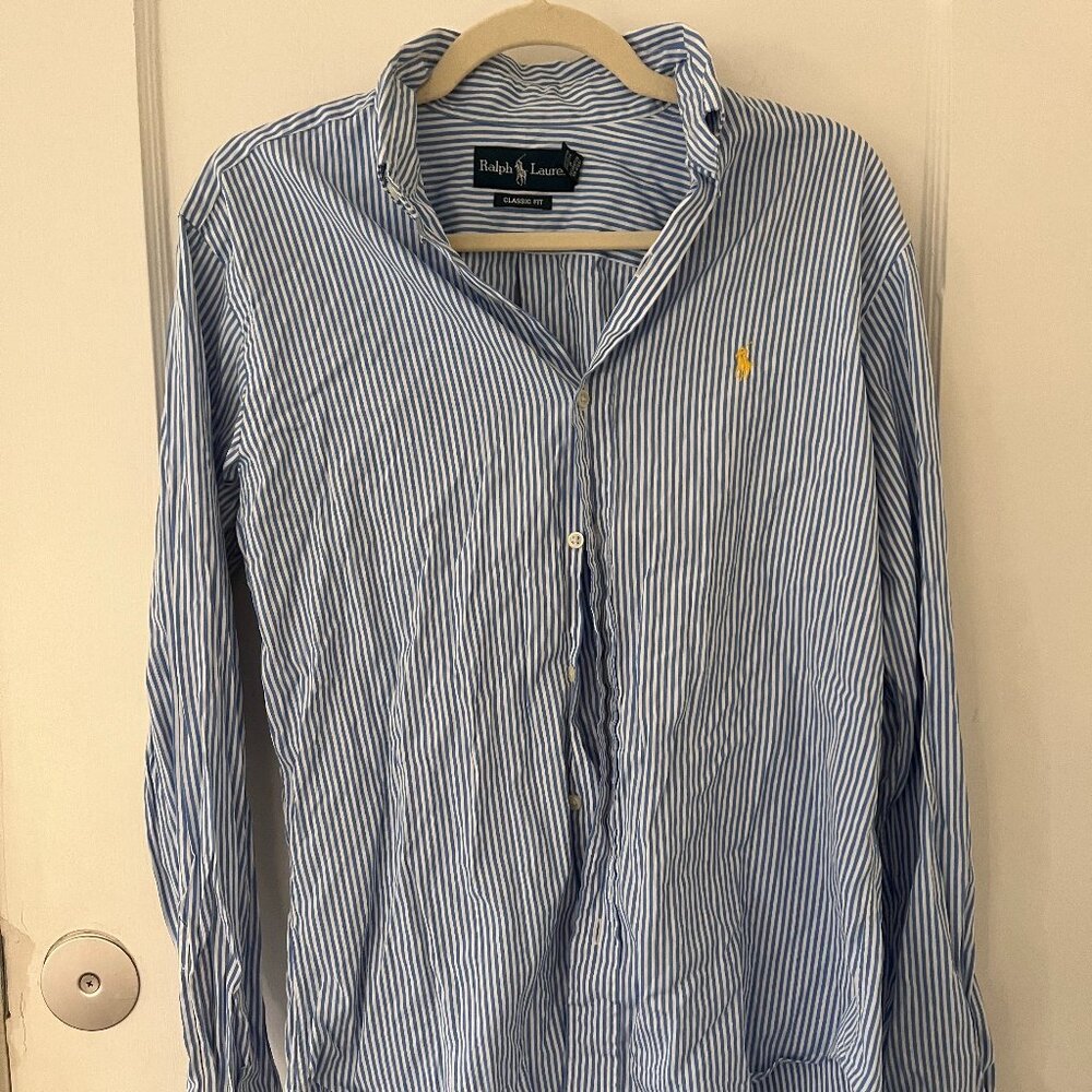 Mens Ralph Lauren Blue and White Pinstripe Longsleeve Button Down Shirt Small